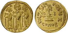 BYZANTINE EMPIRE: Heraclius, 610-641, AV solidus (4.43g), Constantinople, S-761, 3 standing figures, Heraclonas left, Heraclius center, Heraclius Cons...