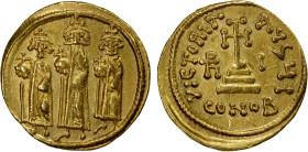 BYZANTINE EMPIRE: Heraclius, 610-641, AV solidus (4.45g), Constantinople, S-763, Heraclius standing in center, his sons Heraclonas left and Heraclius ...