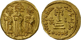 BYZANTINE EMPIRE: Heraclius, 610-641, AV solidus (4.46g), Constantinople, S-763, Heraclius standing in center, his sons Heraclonas left and Heraclius ...