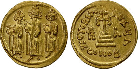 BYZANTINE EMPIRE: Heraclius, 610-641, AV solidus (4.46g), Constantinople, S-764, Heraclius standing in center, his sons Heraclonas left and Heraclius ...