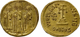 BYZANTINE EMPIRE: Heraclius, 610-641, AV solidus (4.49g), Constantinople, S-769, Heraclius standing in center, his sons Heraclonas left and Heraclius ...