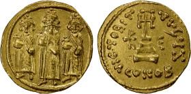 BYZANTINE EMPIRE: Heraclius, 610-641, AV solidus (4.47g), Constantinople, S-770, Heraclius standing in center, his sons Heraclonas left and Heraclius ...