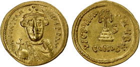 BYZANTINE EMPIRE: Constans II, 641-668, AV solidus (4.35g), Constantinople, S-944, crowned bust facing, very light beard, holding globus cruciger // c...