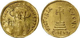 BYZANTINE EMPIRE: Constans II, 641-668, AV solidus (4.41g), Constantinople, S-956, bust facing, with long beard, wearing crown & chlamys // cross on s...
