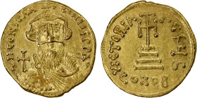 BYZANTINE EMPIRE: Constans II, 641-668, AV solidus (4.46g), Constantinople, S-956, bust facing, with long beard & moustache, wearing crown & chlamys /...