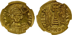 BYZANTINE EMPIRE: Constantine IV Pogonatus, with Heraclius and Tiberius, 668-685, AV solidus (4.36g), Constantinople, 669-674, S-1154, 3rd officina, d...