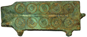 WESTERN HAN: Anonymous, 110-90 BC, bronze mold, H-8.9, wu zhu mold for making 10 coins with squared head of the zhu component, with very attractive pa...