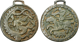 WESTERN LIAO: AE charm (37.45g), 46mm, Khitan pendant charm or amulet with dragon // archer on horseback, small animal below, with loop for hanging (a...