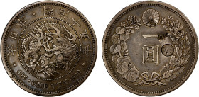 CHINESE CHOPMARKS: JAPAN: Meiji, 1867-1912, AR yen, ND (1897), Y-28a.4, gin countermark right on reverse of Meiji 15 (1882) yen host coin, with two la...