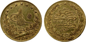 TURKEY: Abdul Hamid II, 1876-1909, AV 100 kurus, Kostantiniye, AH1293 year 29, KM-730, strong VF.
Estimate: USD 400 - 450