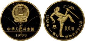 CHINA (PEOPLE'S REPUBLIC): AV 100 yuan, 1988, KM-173, Olympic Games - Sword Dancer, Proof.
Estimate: USD 900 - 1000