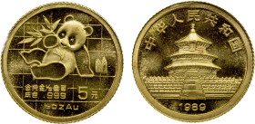 CHINA (PEOPLE'S REPUBLIC): AV 5 yuan, 1989, KM-183, Panda Series, containing 1/20 ounce .999 pure gold, sealed in original plastic sleeve of issue, Br...
