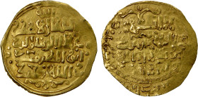 KHWARIZMSHAH: Muhammad, 1200-1220, AV dinar (3.04g), Astarabad, ND, A-1712, most of the mint name visible in the reverse margin, very rare mint for th...