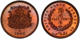 BRITISH NORTH BORNEO: Victoria, 1881-1901, AE ½ cent, 1886-H, KM-1, stunningly attractive surfaces, PCGS graded Specimen 65 RB.
Estimate: USD 200 - 2...