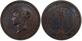 CEYLON: Victoria, 1837-1901, AE 5 cents, 1891, KM-93, the 5 cents of 1891 was struck only in proof, and is very rare, PCGS graded PF62 BN, RR.
Estima...