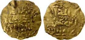 ILKHAN: Abaqa, 1265-1282, AV dinar (2.06g), Sarakhs, ND, A-2126.3, obverse al-'adil / padishah / 'alam abaqa, kalima on reverse, mint name atop the re...