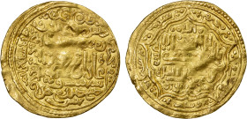 ILKHAN: Ghazan Mahmud, 1295-1304, AV dinar (8.69g), Shiraz, AH700//700, A-2170, month of Muharram; complex design with ornate calligraphy & ornamentat...