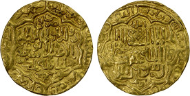 ILKHAN: Abu Sa'id, 1316-1335, AV dinar (8.68g), "Madinat", AH718, A-2194, type B (pointed hexafoil // pointed octofoil); the actual mint name, which a...