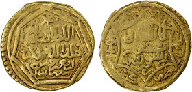 INJUYID: temp. Mahmud Shah, 1339-1342, AV dinar (3.73g), Shaykh Kabir (=Shiraz), AH740, A-D2275, design derived from the common silver A-2234 (type A)...