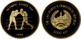LAOS: AV 5000 kip, 1996, KM-60, Olympic Games, Two Boxers, AGW 0.1455 oz, Proof, R.
Estimate: USD 280 - 350