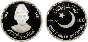 PAKISTAN: Islamic Republic, AR 100 rupees, 1976, KM-41, 100th Birthday of Mohammad Ali Jinnah, mintage of only 2,800 pieces in proof, PCGS graded Proo...