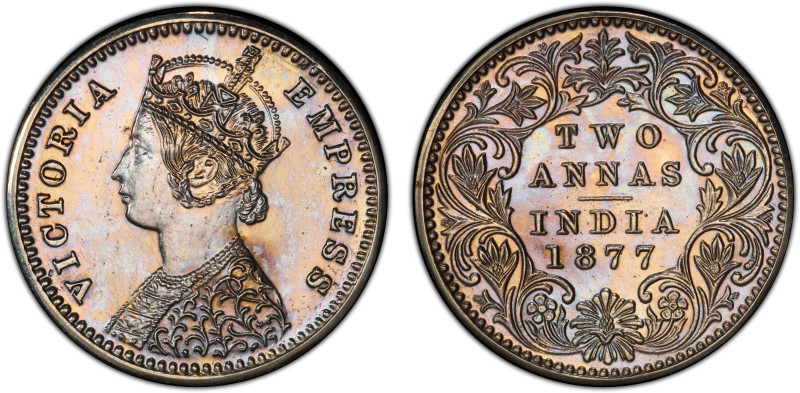BRITISH INDIA: Victoria, Empress, 1876-1901, AR 2 annas, 1877-C, KM-488, Bombay ...