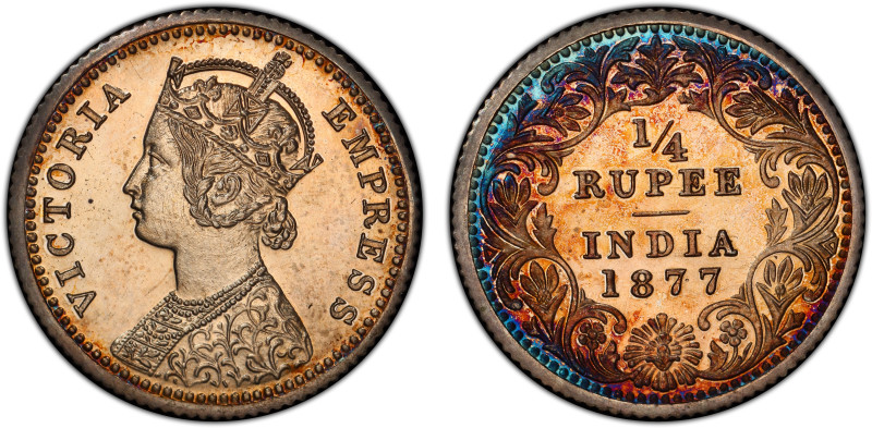 BRITISH INDIA: Victoria, Empress, 1876-1901, AR ¼ rupee, 1877-C, KM-490, S&W-6.2...