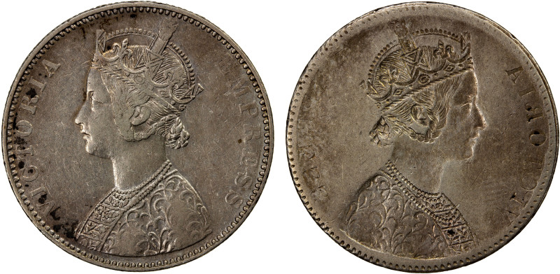 BRITISH INDIA: Victoria, Empress, 1876-1901, AR rupee, KM-492, obverse mirror br...