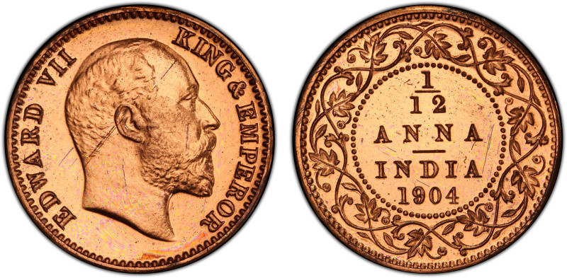 BRITISH INDIA: Edward VII, 1901-1910, AE 1/12 anna, 1904(c), KM-498, S&W-7.211, ...