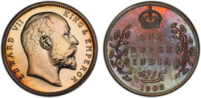 BRITISH INDIA: Edward VII, 1901-1910, AR rupee, 1908(b), KM-508, S&W-7.43, Bomba...
