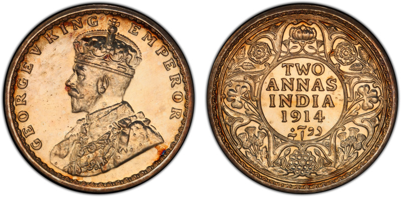 BRITISH INDIA: George V, 1910-1936, AR 2 annas, 1914(c), KM-515, S&W-8.205, Bomb...
