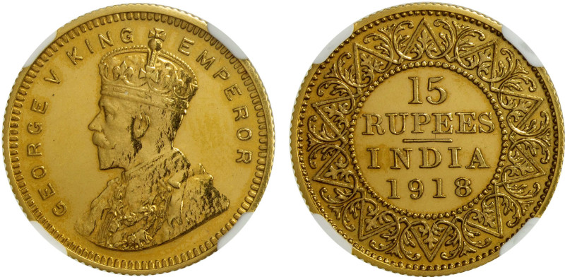 BRITISH INDIA: George V, 1910-1936, AV 15 rupees, 1918(b), KM-525, S&W-8.2, Prid...