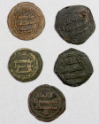 UMAYYAD & ABBASID: LOT of 5 copper fulus of Jurjan mint, Umayyad: AH121 (2), both anonymous, different calligraphic styles; 'Abbasid: AH151, anonymous...