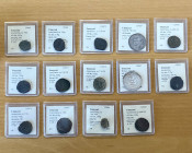 UMAYYAD: LOT of 14 coins, including from the following mints: al-Ramla (1 pc), Dimashq (1), Halab (1), Harran (4), Ludd (1), Qinnasrin (1), Tabariya (...
