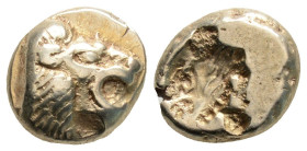 Greek
LESBOS, Mytilene (Circa 521-478 BC)
EL Hekte (5.8mm, 2.52g)
Obv: Head of roaring lion right
Rev: Incuse head of calf right; rectangular punch to...