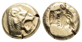 Greek
LESBOS, Mytilene (Circa 521-478 BC)
EL Hekte (10.5mm, 2.54g)
Obv: Head of roaring lion right
Rev: Incuse head of calf right; rectangular punch t...