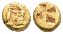 Greek 
MYSIA, Kyzikos (Circa 500-450 BC)
EL Hemihekte (8.4mm, 1.3.g)
Obv: Nude male kneeling left, holding tunny by its tail.
Rev: Quadripartite incus...