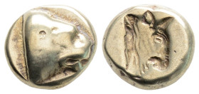 Greek
LESBOS, Mytilene (Circa 478-455 BC)
EL Hekte (10.5mm, 2.47g)
Obv: Head of lion right; ΛE below
Rev: Incuse head of bull right.
Bodenstedt Em. 28...