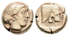 Greek
LESBOS, Mytilene (Circa 454-428/7 BC)
EL Hekte (5.5mm, 2.52g)
Obv: Head of Persephone right.
Rev: Head of lion right within incuse square.
Boden...