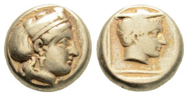 Greek
LESBOS, Mytilene (Circa 412-378 BC)
EL Hekte (10mm, 2.51g)
Obv: Head of Kybele right, wearing turreted crown and single-pendant earring.
Rev: He...
