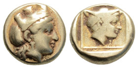 Greek
LESBOS, Mytilene (Circa 412-378 BC)
EL Hekte (10.5mm, 2.50g)
Obv: Head of Kybele right, wearing turreted crown and single-pendant earring.
Rev: ...