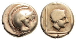 Greek
LESBOS, Mytilene (Circa 412-378 BC)
EL Hekte (5.7mm, 2.57g)
Obv: Head of Athena to right, wearing crested Attic helmet. 
Rev: Head of Artemis-Ky...