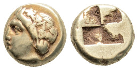 Greek
IONIA, Phokaia (Circa 380-360 BC)
EL Hekte (9.9mm, 2.54g)
Obv: Head of female left, wearing cross formed earring 
Rev: Quadripartite incuse squa...