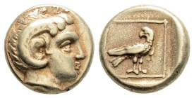Greek
LESBOS, Mytilene (Circa 377-326 BC)
EL Hekte (10.5mm, 2.52g)
Obv: Head of Apollo Karneios to right, wearing horn of Ammon over his ear.
Rev: Eag...