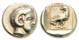 Greek
LESBOS, Mytilene (Circa 377-326 BC)
EL Hekte (11.3mm, 2.53g)
Obv: Head of Apollo Karneios to right, wearing horn of Ammon over his ear.
Rev: Eag...