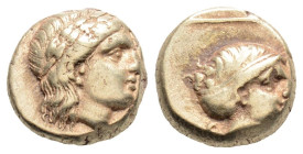 Greek
LESBOS, Mytilene (Circa 377-326 BC)
EL Hekte (4.9mm, 2.56g)
Obv: Laureate head of Apollo to right.
Rev: Head of Artemis to right, her hair in sp...