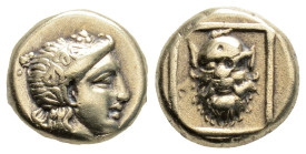 Greek
LESBOS, Mytilene (Circa 377-326 BC)
EL Hekte (10.5mm, 2.54g)
Obv: Wreathed head of Dionysos right.
Rev: Head of satyr facing, with full head of ...