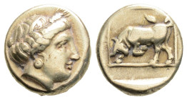 Greek
LESBOS, Mytilene (Circa 377-326 BC)
EL Hekte (10.9mm, 2.51g)
Obv: Head of Persephone right, wearing grain wreath 
Rev: Bull butting left within ...