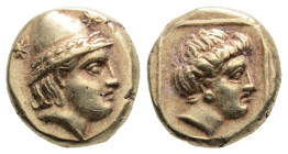 Greek
LESBOS, Mytilene (Circa 377-326 BC)
EL Hekte (5.8mm, 2.56g)
Obv: Head of Kabeiros right, wearing wreathed cap; two stars flanking.
Rev: Head of ...