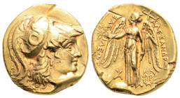 Greek
MACEDONIAN KINGDOM, Alexander III the Great (Circa 336-323 BC)
AV stater (18.8mm, 8.52g)
Obv: Head of Athena right, wearing triple-crested Corin...